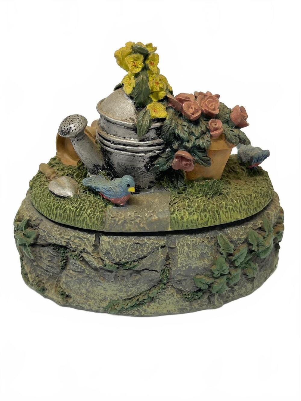 Vintage Resin Garden Trinket Box Watering Can Potted Flowers Bluebirds Stone